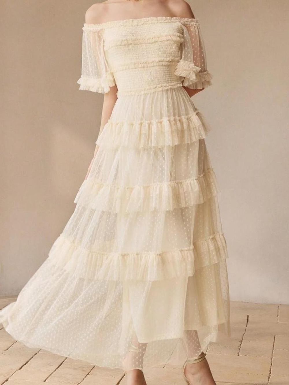 MOTF Cream Off-Shoulder Tiered Ruffle Maxi Dress